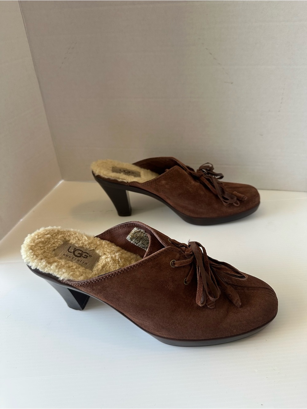 Vintage UGG Molly Suede Shearling Slip On Clog Heels Mule Shoes Womens 8 - Picture 2 of 7